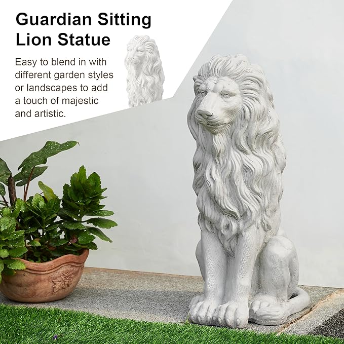 Glitzhome Guardian Sitting Lion Garden Statue MGO Outdoor Decoration, 27.75" H, White