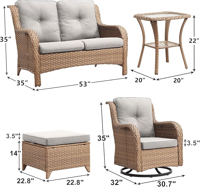 Outdoor Wicker Patio Furniture Set - 6 Piece Rattan Patio Conversation Set with 2 Rocking Swivel Chairs,2 Ottomans,1 Loveseat and 1 Side Table for Porch Deck Backyard Garden(Yellow/Beige)