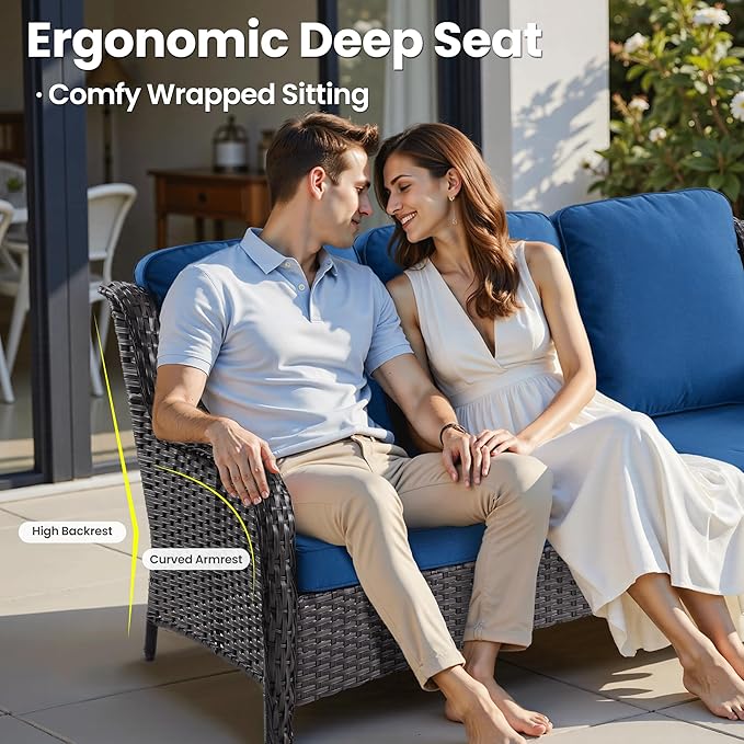 ovios 6 Pieces Patio Furniture Set with 42" Fire Pit Table, Outdoor Wicker Sofa with Ottomans, Comfy Cushions, High Back Couch Conversation Set, Brown Rattan, Navy Blue