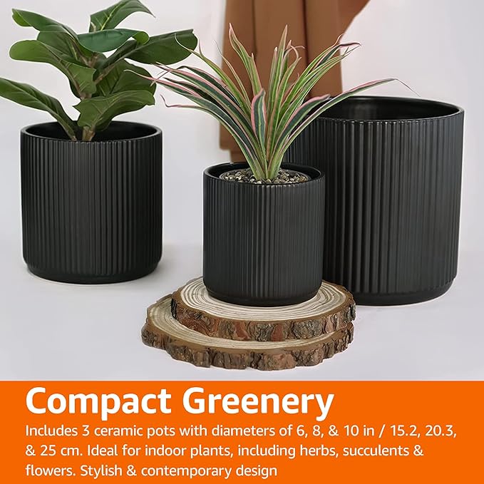 Amazon Basics Assorted Sizes Fluted Ceramic Round Planters, Set of 3, Black, 6-Inch, 8-Inch, 10-Inch
