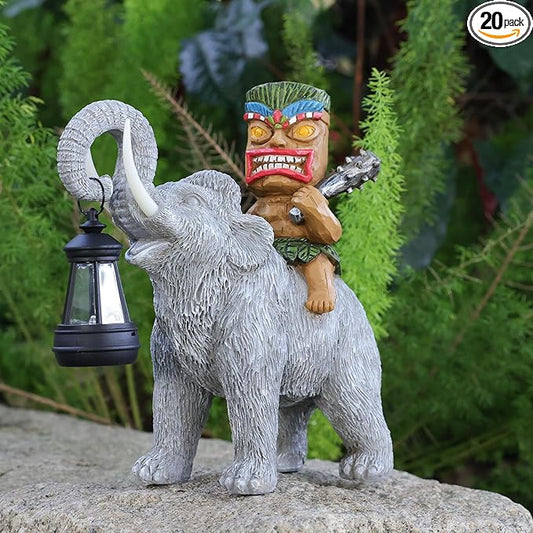 Solar Tiki Statue-Outdoor Statues-Tiki Bar Decor-Solar Powered Light Garden Figurine Tiki Decoration for Bar,Patio,Balcony,Yard,Lawn,Table,Riding A Elephant 9.09 Inches Tall