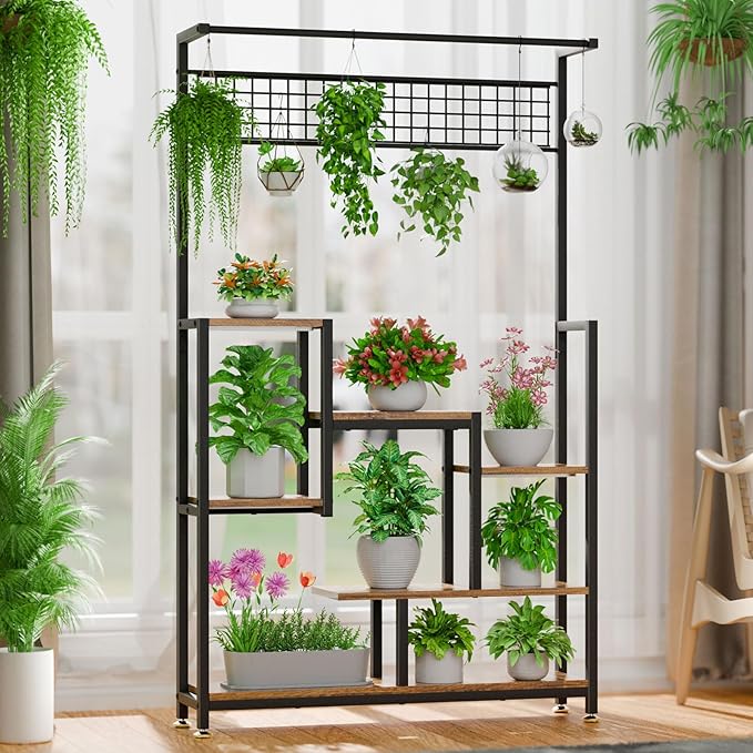 Tall Plant Stand Indoor with Grow Lights, 6 Tiered Metal Plant Stand for Indoor Plants Multiple, Large Plant Shelf Display Rack, Square Flower Plant Holder for Living Room, Patio (Black)