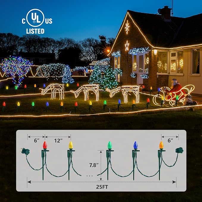 SURAIELEC 2 Pack Christmas Pathway Lights Outdoor, Total 50FT 50 LED C9 Christmas Lights with Stakes, Connectable Ground Lights for Yard, Walkway, Driveway Decor, Multicolored, UL Listed