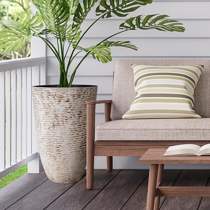 Worth 9 Gallon Tall Round Planters Set of 2-14" Dia x 21" H Stone Finish Flower Pots Indoor Decorative Container Garden Patio Unbreakable Beige