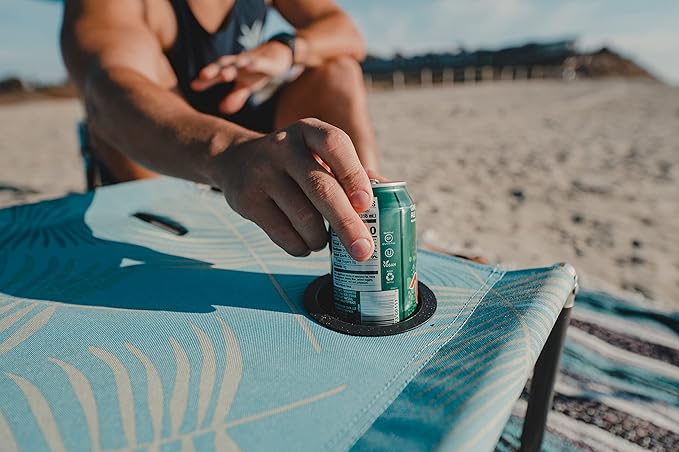 Neso Portable Beach Table with Cup Holders, Cell Phone Pockets, Lightweight for Picnics and Parks (Aqua Fronds)