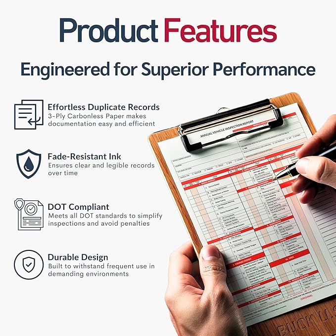 25 Pack Buck 3-Ply Carbonless Annual Vehicle Inspection Report Forms with Red Aluminum FMCSA Adhesive Labels with Punch Boxes, FMCSA & DOT Compliant, Shrinkwrapped Bundle, 8.5" x 11.8" - Made in USA