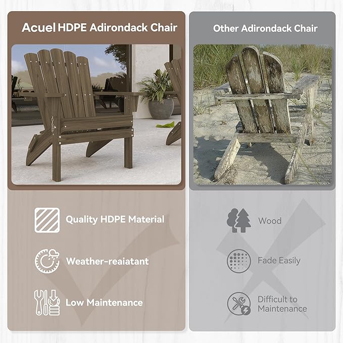 Folding HDPE Adirondack Chair, Weather-Resistant Patio Chair with Wide Armrests & High Backrest, Fire Pit Chair for Garden, Backyard, Porch - Light Brown