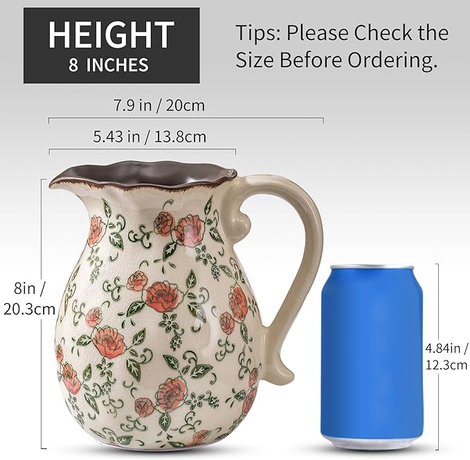 Green and White Vintage Vase with Handle, Red Rose Chinoiserie Floral Pitcher Vase, Rustic Ceramic Farmhouse Vases for Home Decor, Living Room, Bookshelf, Office, Grand Millennial Decor 7.9 Inch