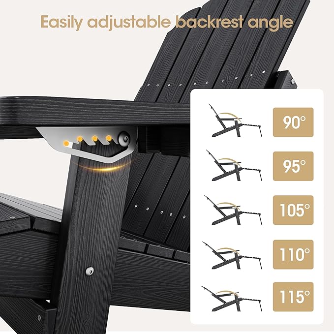 Folding Adirondack Chair with Retractable Ottoman Fire Pit Patio Chair with Adjustable Backrest, 2 Cup Holder Weather Resistant Outdoor, Patio, Lawn, Garden, Backyard Deck, Fire Pit, Black