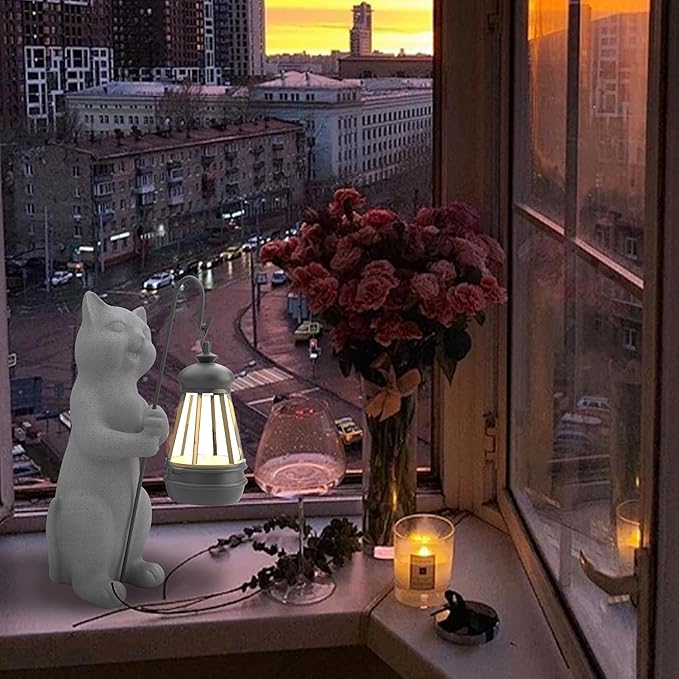 Solar Cat Garden Statue 10 Inch Porch Patio Decor for Outside Yard Decoration Outdoor Unique Housewarming Gardening Birthday Gifts for Cat Lovers Women Grandma