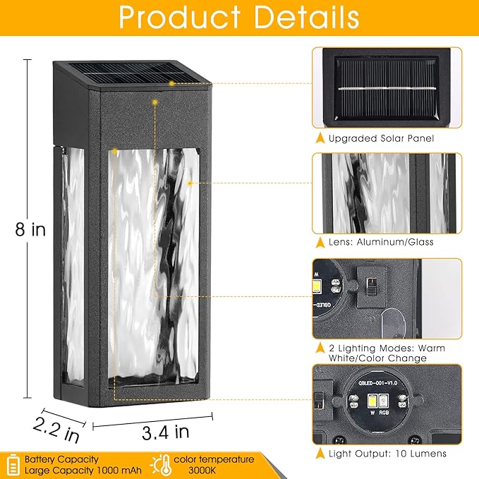 Metal Solar Lights Outdoor, 4 Pack Textured Glass Solar Fence Lights, Solar Wall Lights Outdoor Waterproof, Fence Lights Solar Powered for Yard Porch Patio Garden Decor (Warm/Color Changing)