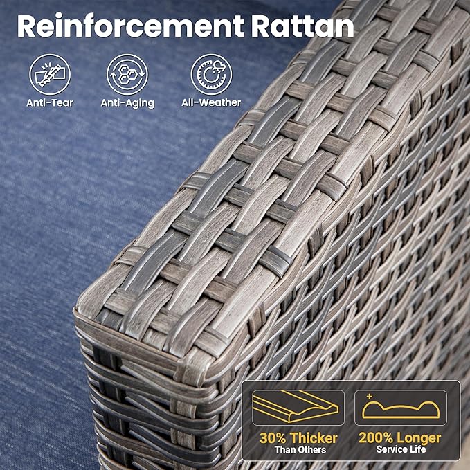 ovios 6 Pieces Patio Furniture Set with 54" Fire Pit Table, Outdoor Wicker Sofa with Comfy Cushions, All Weather High Back Rattan Couch Conversation Set, Denim Blue