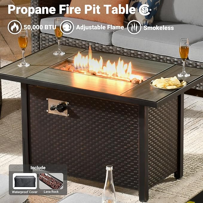 ovios 7 Pieces Patio Furniture Set with 42" Fire Pit Table, Outdoor Wicker Sofa with Swivel Chairs, All Weather High Back Rattan Couch Conversation Set, Grey