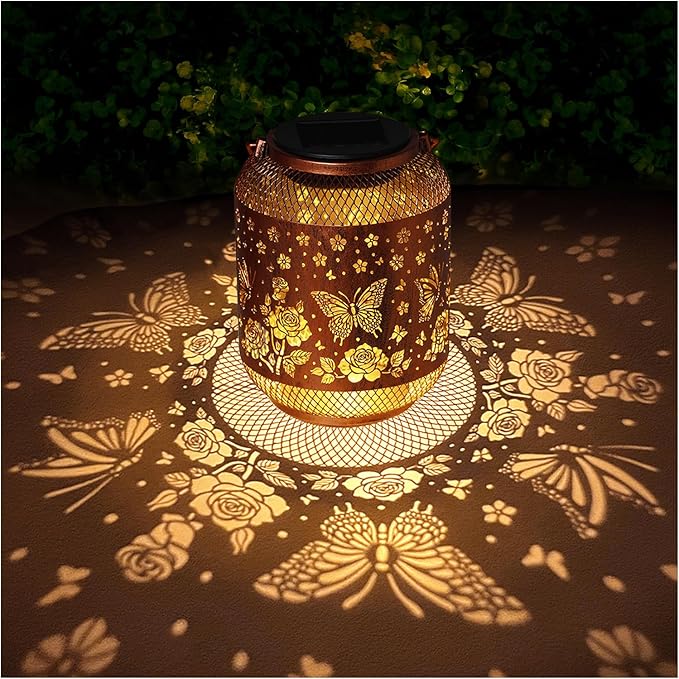 2 Pack Butterfly Solar Lanterns Outdoor Waterproof Rose Garden Decor Gifts for Women Mom Grandma Hanging Solar Lights Metal Lantern Decoration Outside for Yard, Patio, Backyard, Porch