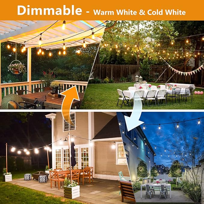 Voolex Outdoor String Lights 52FT Cold Light and Warm Light 2 Colors Changing Switch Waterproof 30V LED Bulbs Shatterproof with Remote Control for Party Patio Decoration Garden