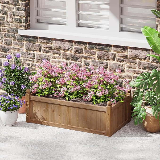HAPPYGRILL Wood Raised Garden Bed, 46” x 24” x 16” Rectangular Flower Box w/Drainage Holes for Growing Vegetables, Flowers, Herbs, Outdoor Planter Box for Backyard Garden Lawn