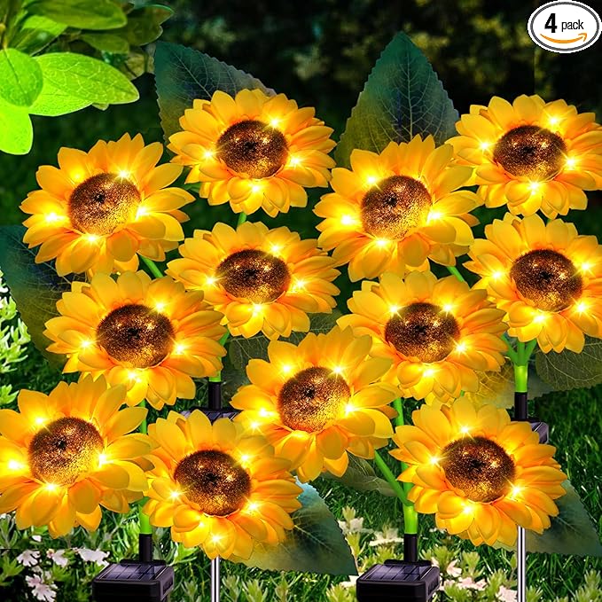 Solar Garden Lights, 4 Pack Sunflower Outdoor Lights Solar Flower Lights for Outside with 12 Larger Sunflower Gardening Gift for Mom Women Decorative Lights for Garden Decor Yard Patio Lawn Pathway