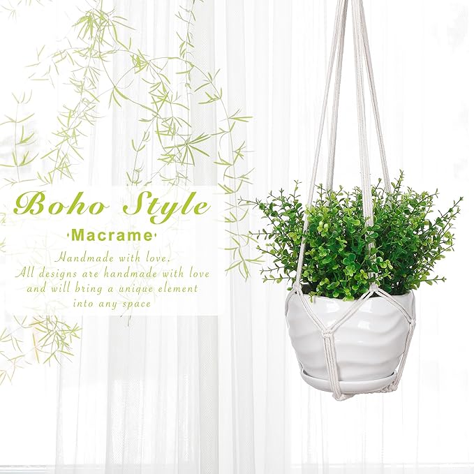 YIBOT 3 Pack Macrame Plant Hanger Indoor Hanging Planter Basket with 3 Hooks, 35"/29"/23" Crochet Plant Holder Stand No Tassels for Indoor Outdoor Boho Home Decor, Ivory (POTS NOT Included)