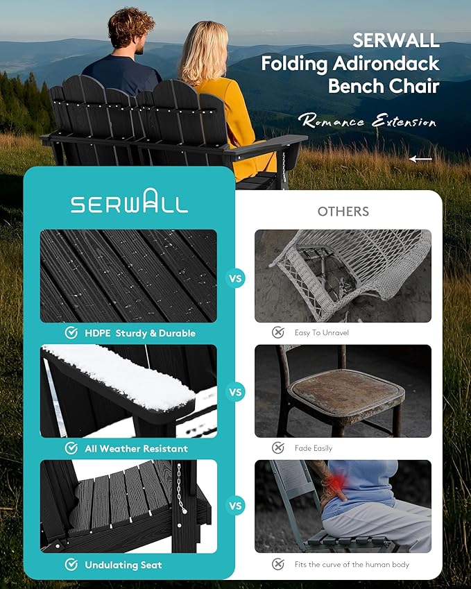 SERWALL 2 Person Adirondack Loveseat, HDPE All-Weather Folding Adirondack Bench Chair, Outdoor Adirondack Chair Set of 4, Black