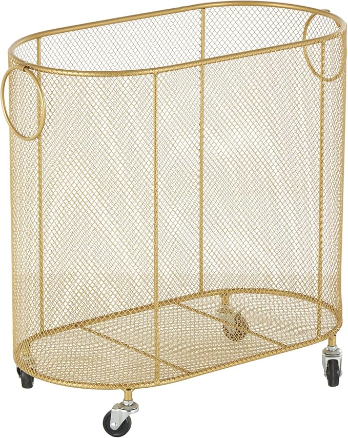 Deco 79 Metal Storage Cart Oval Mesh Wire Rolling Laundry with Ring Handles, 21" x 12" x 21", Gold