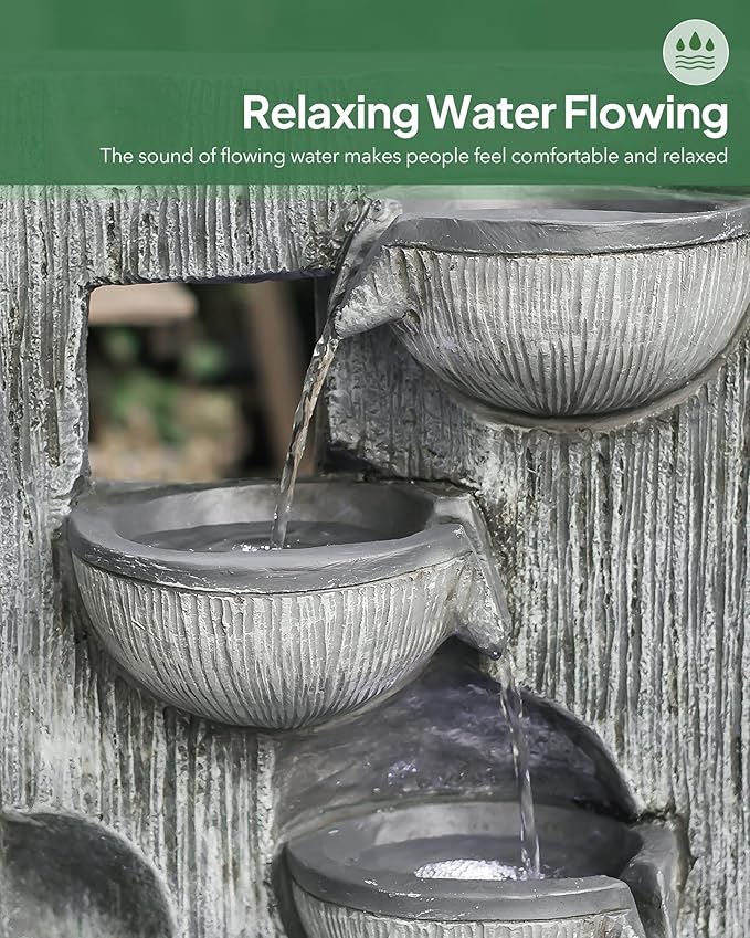 23.43" H Outdoor Water Fountain, 5 Tiers Bowls Garden Water Fountains with LED Light, Modern Natural Waterfall Fountain for Garden, Patio, Yard and Home Art Decor