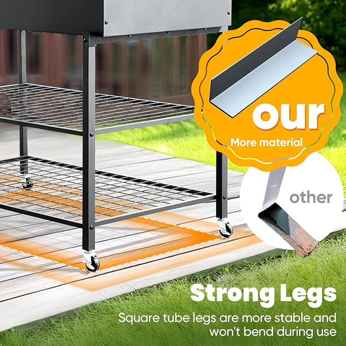 KING BIRD Raised Garden Bed with Legs & Double-Layer Storage Shelf, Galvanized Elevated Planter Box with Lockable Wheels for Backyard, Patio, Balcony, 400lb Capacity, Black, 48x24x38 in