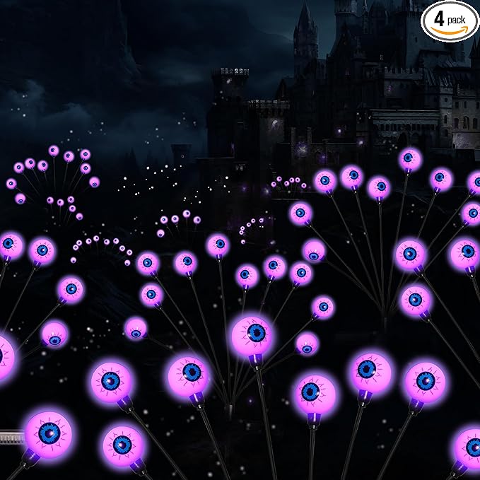 Solar Halloween Lights - 4 Pack 40LED Outdoor Waterproof Scary Eyeball Swaying Firefly Lights for Yard Garden Patio Party Decor Purple