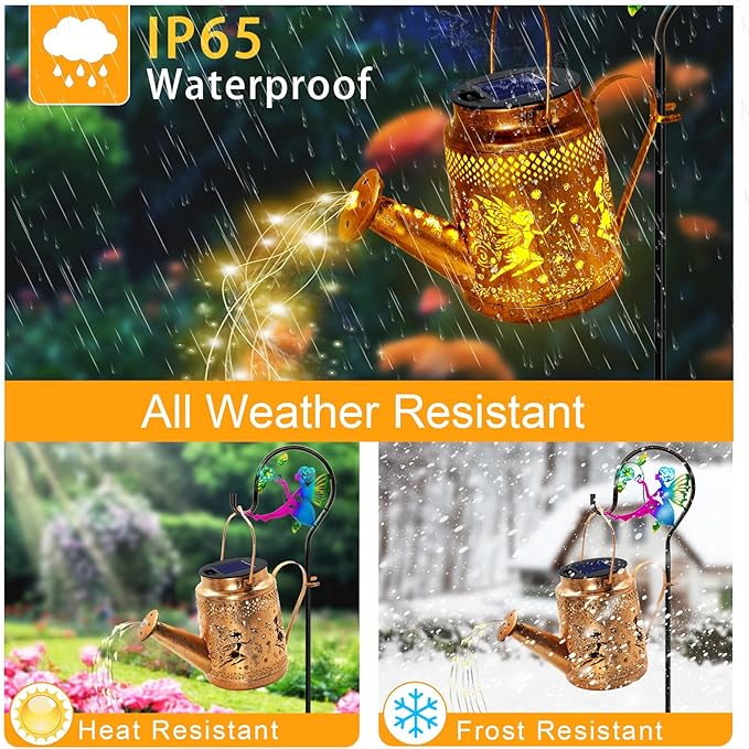 Solar Lanterns Outdoor Waterproof,Metal Watering Can Garden Decor,Fairy Hanging Solar Path Lights Yard Art,Outside Patio Decorations Gardening Birthday Gifts for Mom Grandma Women（with Shepherd Hook）