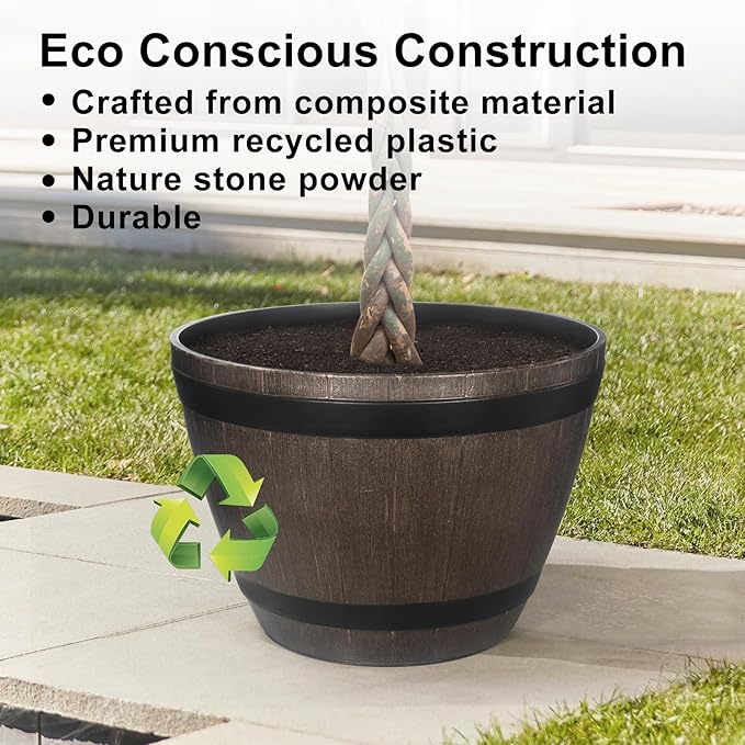 Large Whiskey Barrel Planter for Outdoor Plants - Flower Pots Garden Wine Barrel Planter Outdoor - 21" D x 15" H