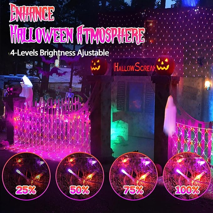 2 Pack Each 200 LED Halloween Net Lights Outdoor Waterproof 3M*2M Mesh Lights Fairy String Lights Plug in with Timer 8 Modes for Bush Window Fence Garden Yard Roof Wall Decor-Purple and Orange