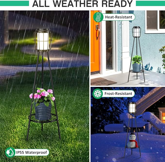 2 Pack Solar Lights Outdoor with Plant Stands, Solar Floor Lamp, Solar Powered Street Lights Metal Tripod Deck Lights, Patio Decor for Garden Yard Pathway Driveway Porch
