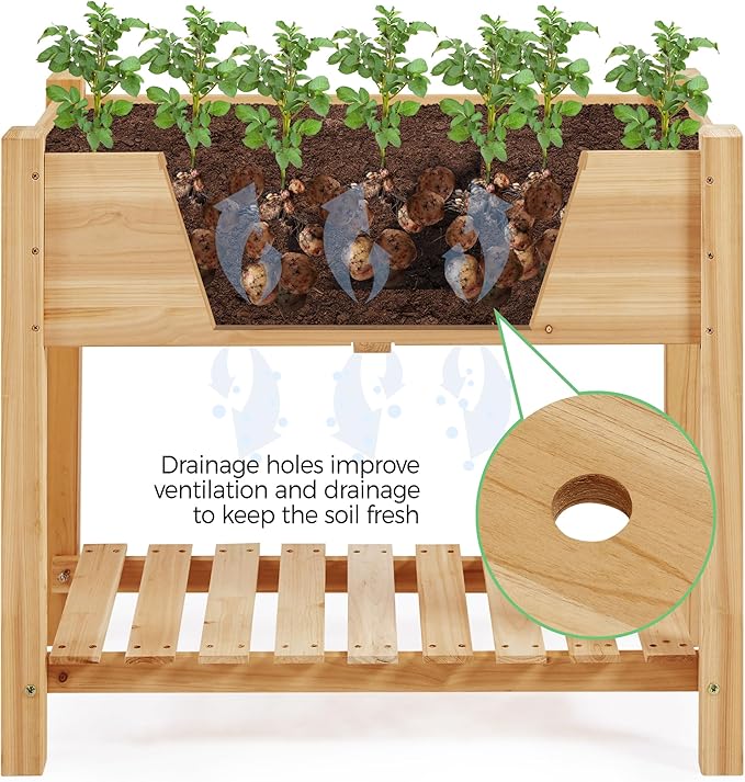 Yaheetech 34x18x30in Horticulture Raised Garden Bed Planter Box with Legs & Storage Shelf Wooden Elevated Vegetable Growing Bed for Flowers, Plants, Backyard, Patio, Balcony, Light Brown