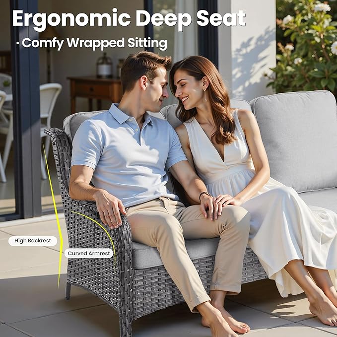 ovios 8 Pieces Patio Furniture Set, Outdoor Wicker Sofas with 2 Chairs, 4 Ottomans and Comfy Cushions, All Weather High Back Couch Set for Deck Porch, Grey Rattan, Grey