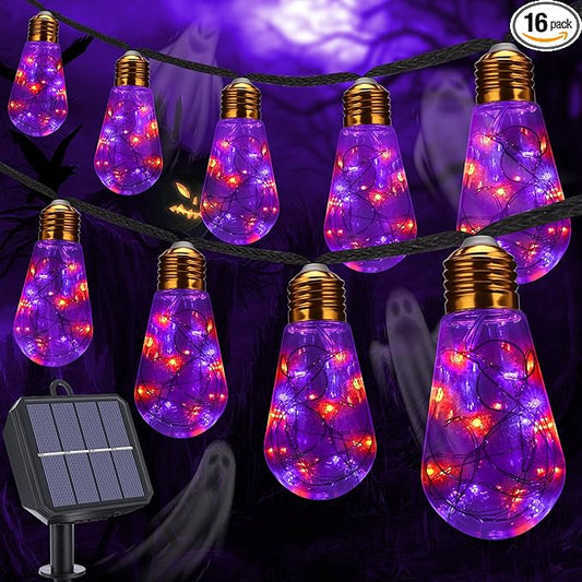 Orange & Purple Solar Halloween Lights Outdoor, 20Ft Black Hemp Rope Halloween String Lights, Waterproof Orange Purple Lights with 8 Modes 16 Shatterproof Bulbs for Patio, Yard, Party, Halloween Decor