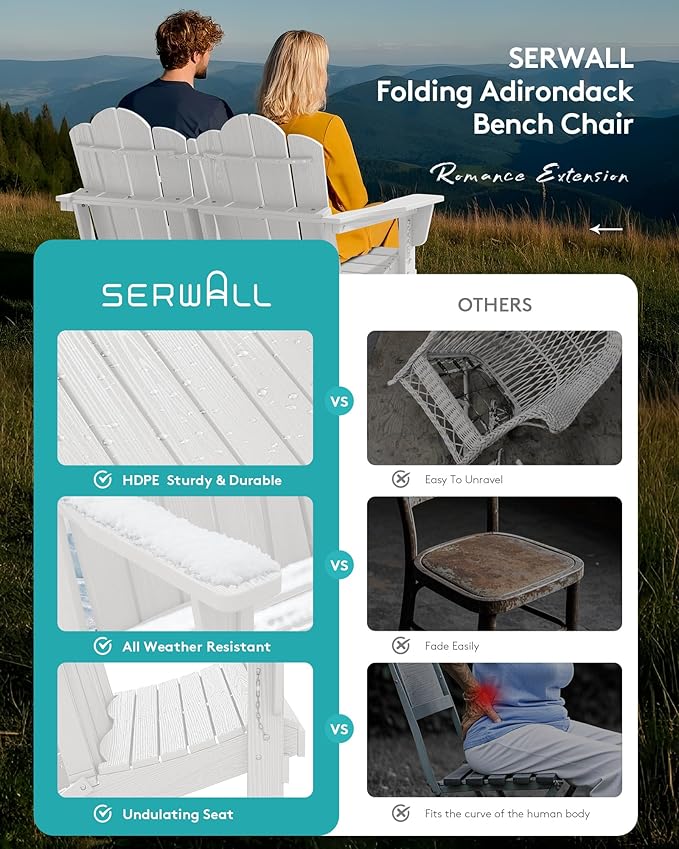 SERWALL Folding Adirondack Bench, HDPE All-Weather Adirondack Loveseat, 660 lbs Capacity, Foldable Outdoor Patio Bench for Deck, Lawn, Garden, White