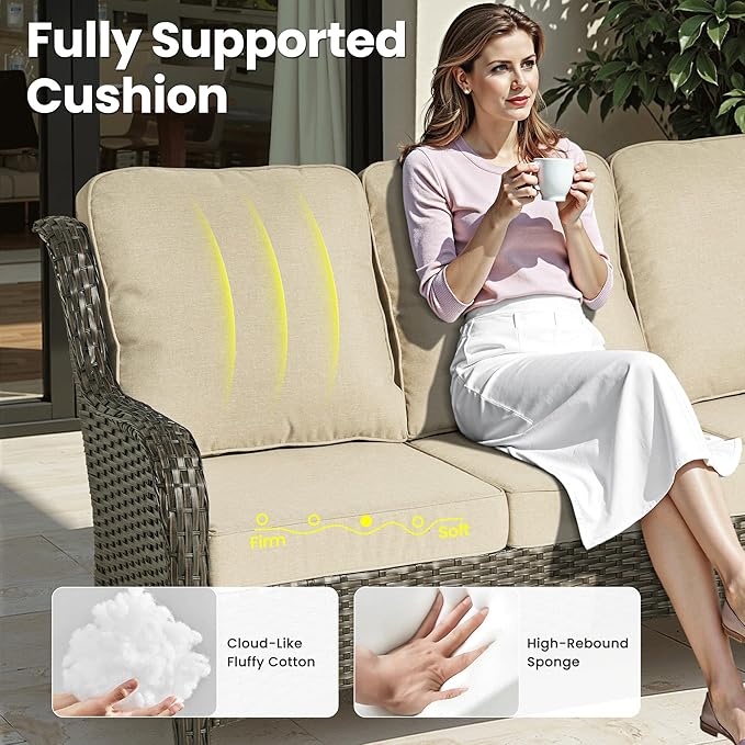 ovios 6 Pieces Patio Furniture Set, Outdoor Wicker Sofas with Glass Coffee Table and Comfy Cushions, All Weather High Back Couch Set for Deck Porch, Brown Rattan, Beige