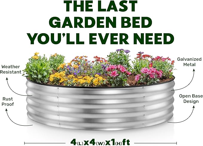 Round Galvanized Raised Garden Bed // 4×4×1 ft (2-Pack) Galvanized Raised Garden Beds Outdoor for Gardening, Vegetables, Flowers // Patented Tool-Free Design Round Planter (Silver)