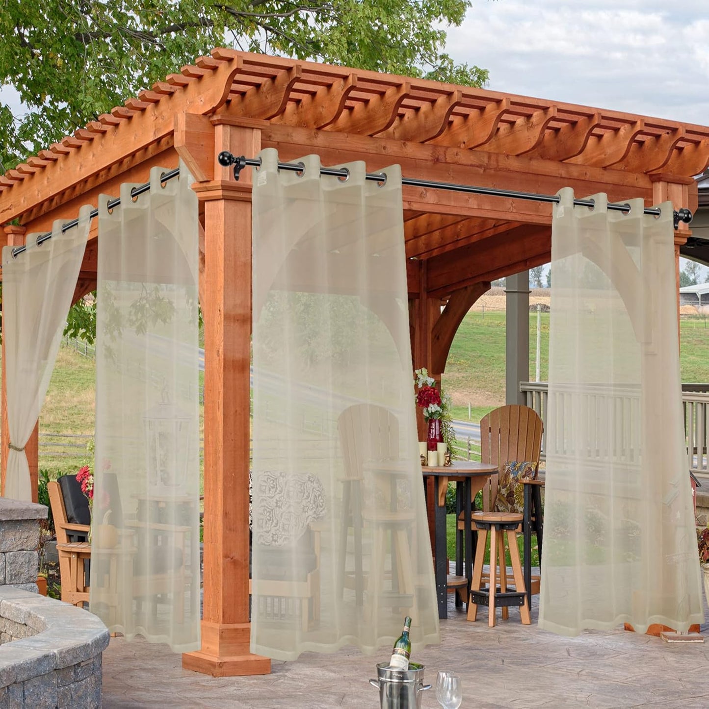 HolidayIdeas Outdoor Sheer Curtains for Patio Waterproof, 4 Panels - 54 x 120 Inch - Light Filtering Voile Outside Curtains Grommet Drapes for Front Porch, Gazebo, Pergola, Backyard, Linen Color