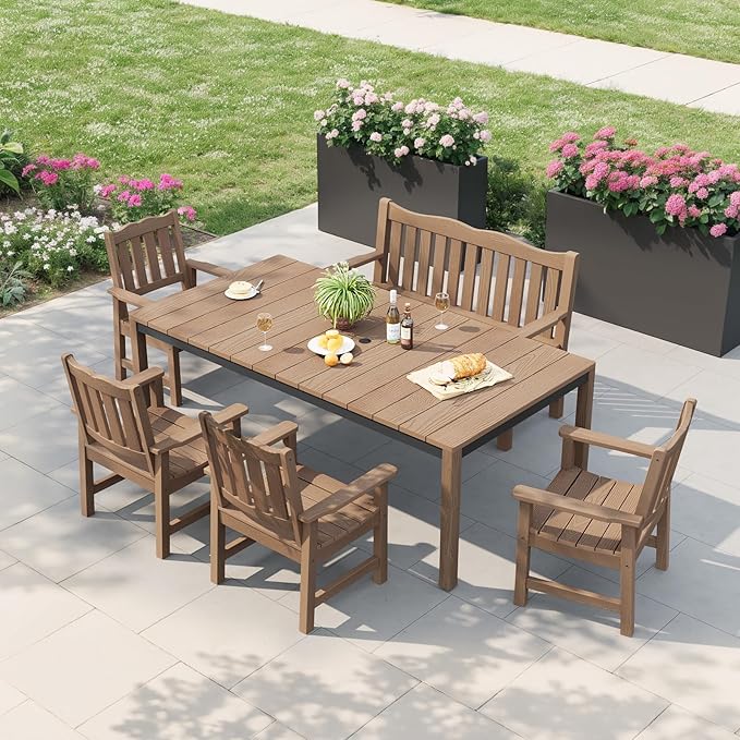 Outdoor Bench, 2-Person Poly Lumber Garden Bench, All-Weather Outside Bench with 800 lbs Weight Capacity, Never Rot or Fade, Looks Like Real Wood, Teak