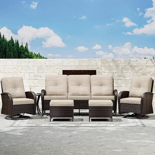 Joyside 6 Piece Patio Furniture Set, Outdoor Wicker Conversation Sets with Swivel Rocker Chairs and Sofa, Thick Cushion, Rattan Patio Sectional for Porch, Deck Use (Brown/Beige, 6 PCS)