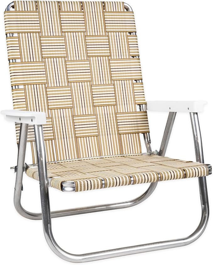 Lawn Chair USA Folding Aluminum Outdoor Patio Lawn Chair | Heavy-Duty Webbed Chairs for Camping, Sports, Beach, Yard & Tailgating | Lightweight Portable | High Back Beach Chair - Tan Stripe