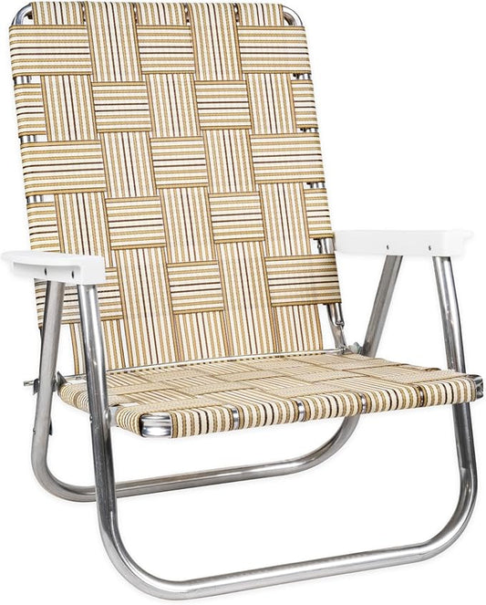 Lawn Chair USA Folding Aluminum Outdoor Patio Lawn Chair | Heavy-Duty Webbed Chairs for Camping, Sports, Beach, Yard & Tailgating | Lightweight Portable | High Back Beach Chair - Tan Stripe