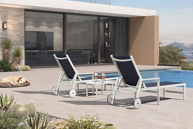 PURPLE LEAF Outdoor Chaise Lounge Set Adjustable Sunbathing Recliner with Armrest and Side Table for Poolside Beach Outside Patio Aluminum Chaise Lounger Navy Blue