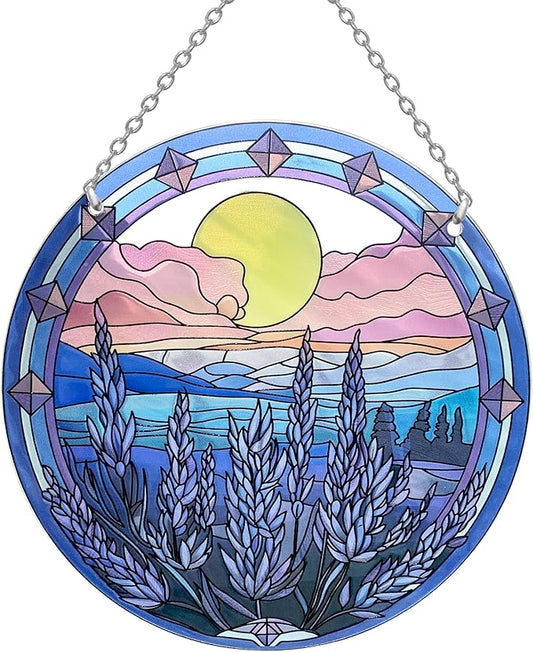 6’’ Lavender Suncatcher Stained Glass - Sun Catcher with Mountain Stained Glass Window Hanging, Suncatchers for Windows Hanging, Lavender Wall Decor, Suncatcher Gifts for Women/Friends/Lover