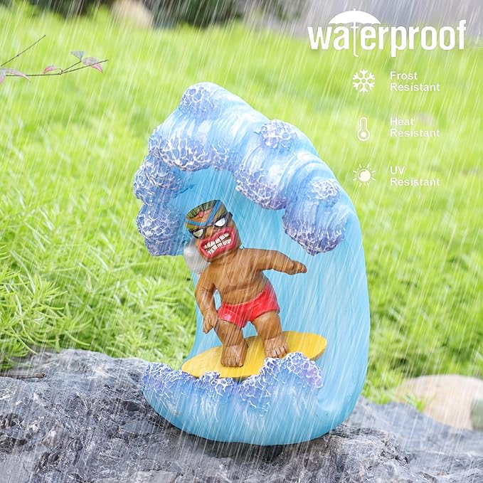 Solar Tiki Statue Decor-Garden Statue Outdoor Ornaments - Tiki Man Surfing Waterproof Decoration Figurine for Tiki Bar,Patio,Balcony,Yard,Lawn,Table