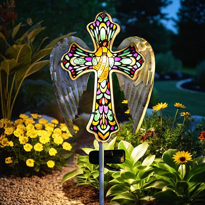 TEDOF Solar Glass Cross Stake Lights Outdoor Garden Lights,Cemetery Decorations for Grave,Jesus Cross Angel Wings Memorial Gifts for Mom,Yard Lawn Garden Patio Christmas Decor