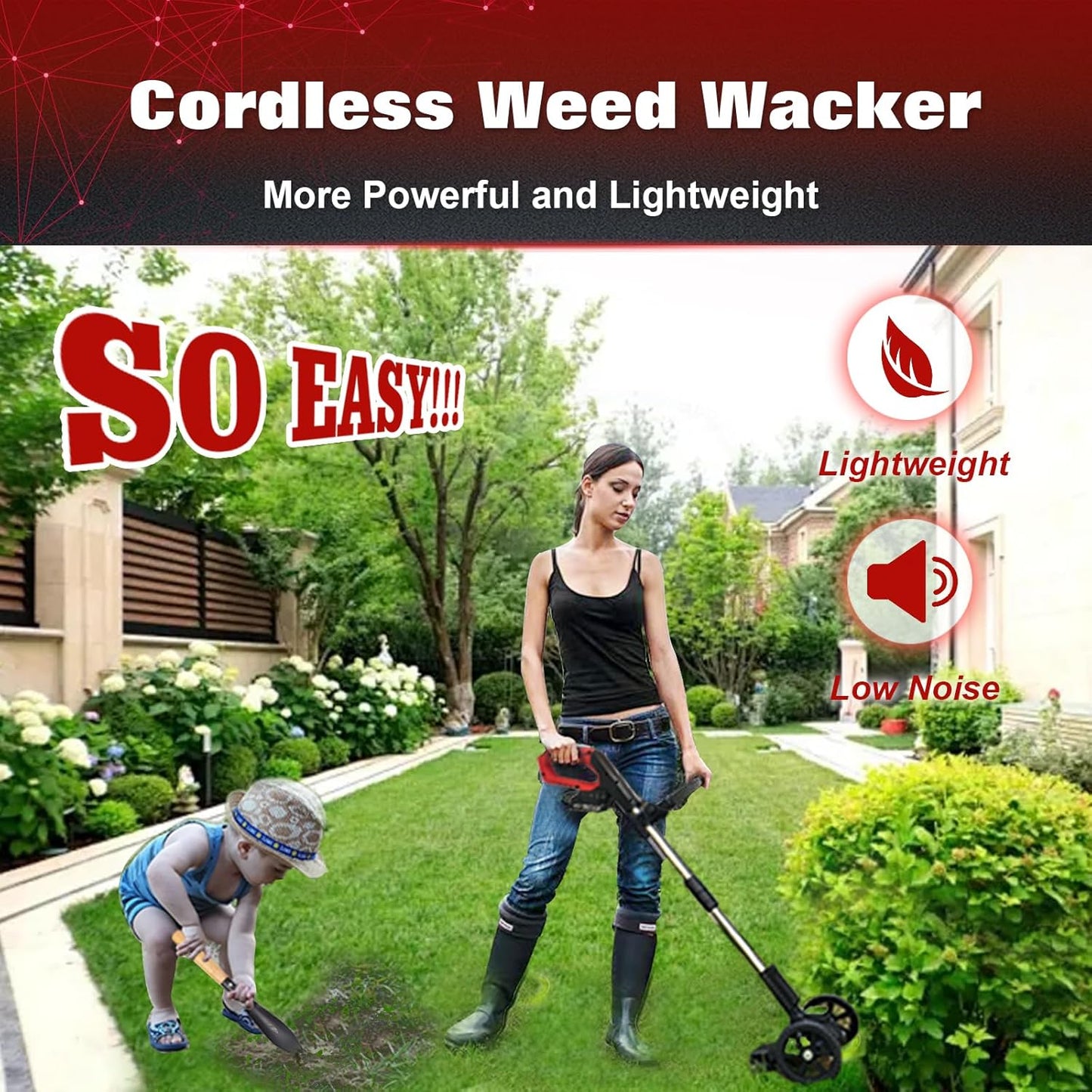 Electric Weed Wacker Eater Cordless Battery Powered, Weed Trimmer 21V Lightweight No-String with 2 Battery Operated & Wheels, 3 in 1 Stringless Grass Trimmer/Edger/Brush Cutter for Garden Yard Lawn