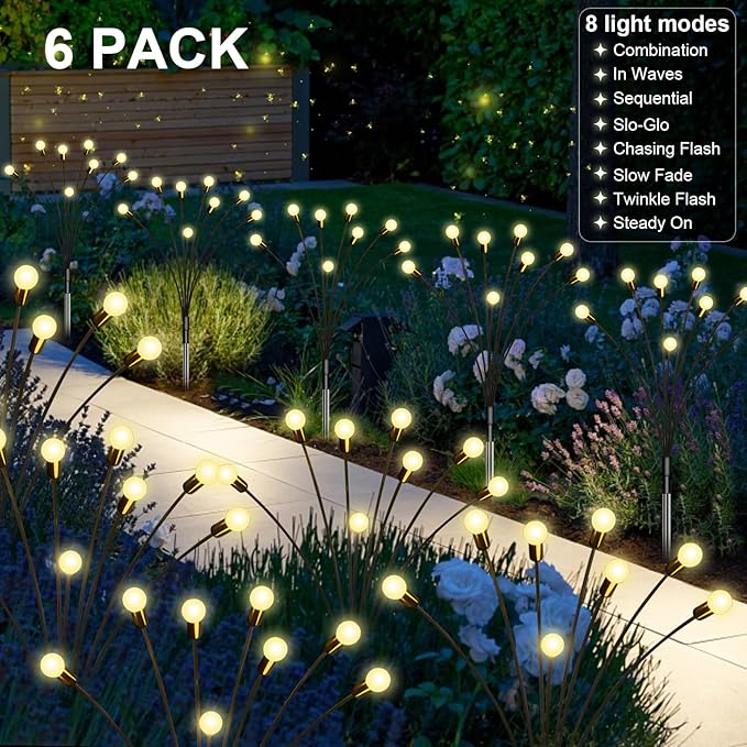 New Upgraded Solar Garden Lights, 6 Pack 48 LED Solar Firefly Lights Outdoor Waterproof, Solar & USB Charging, 8 Modes Swaying Light for Yard Pathway Patio Landscape Outdoor Decoration Lights