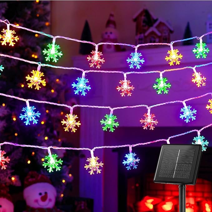 Brightown Solar Christmas Snowflake String Lights, 72FT 200 LED Outdoor Waterproof Fairy Lights with 8 Lighting Modes for Wedding, Party, Tree, Room, Garden, Patio, Yard, Home, Muliticolor