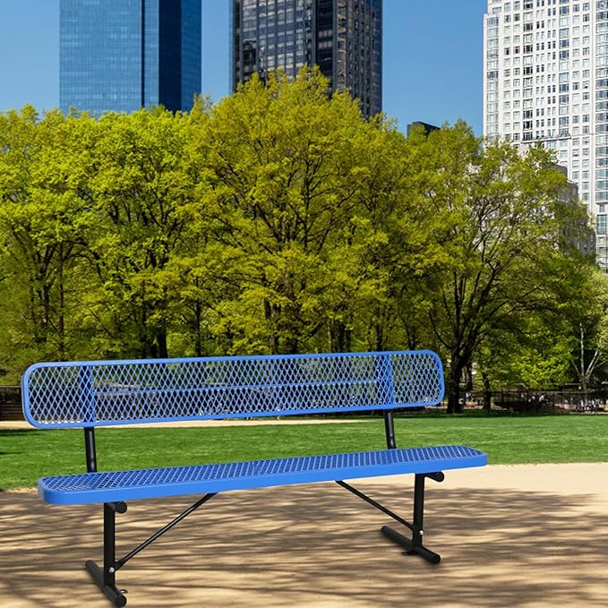 8FT Heavy Duty Park Bench with Back Portable Frame, Outdoor Steel Bench with Backrest, Outdoor Park Bench Expanded Metal Mesh Bench for Lawn, Park, Deck, Garden, Patio, Porch, Black (Blue, 8FT)